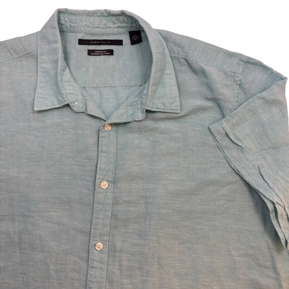 Perry Ellis Mens XXL Green Blue Linen Blend Short Sleeve Button Up Shirt